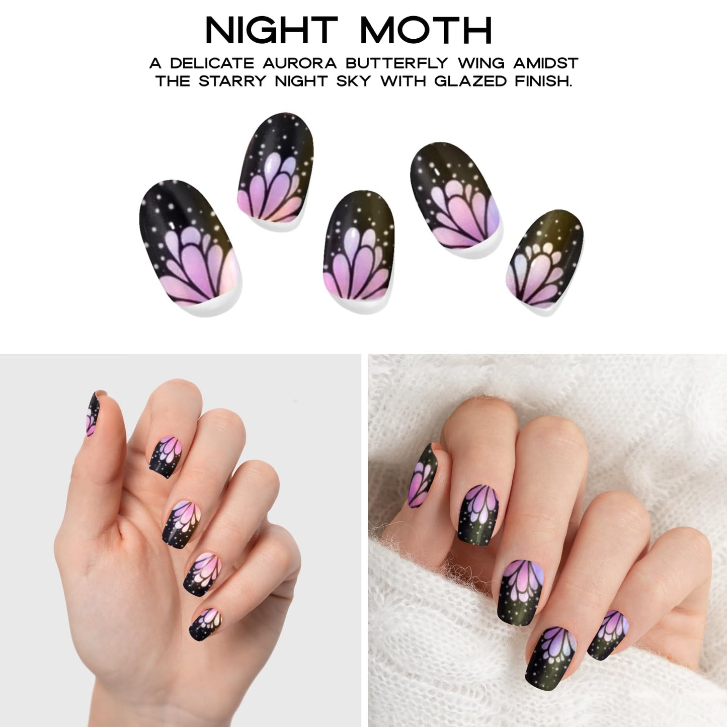 ADORA COUTURE Semi Cured Gel Nail Strips Kit | 20pcs Uv Gel Nail Stickers with Uv Light | Holo Black Butterfly Nail Wraps | Gel Stickers for Nails Uv Light (Night Moth)