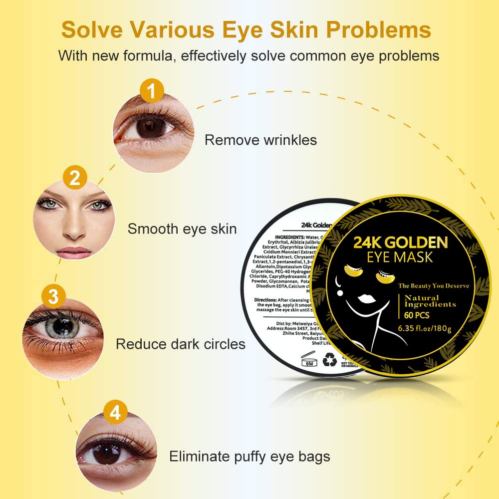 Under Eye Patches, 24K Gold Eye Mask, 60PCS Under Eye Mask, Collagen Gel Pads Patch Treatments for Lighten Wrinkles Puffy Eyes Dark Circles Anti-Aging Moisturizing, Fine Lines Eye Bags Women Men