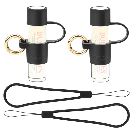 Desing Wish 2 PCS Silicone Lip Balm Holder with Cap Cover Portable Chapstick Holder Keychain Sleeve Lip Balm Key Chain with Key Ring and Wrist Strap Lanyard - Black