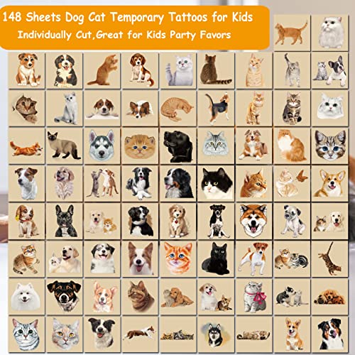 148 PCS Dog Cat Temporary Tattoos for Kids - 3D Individual Puppy kitten Tattoos for Boys Girls Animals Birthday Party Favors Goodie Bag Fillers