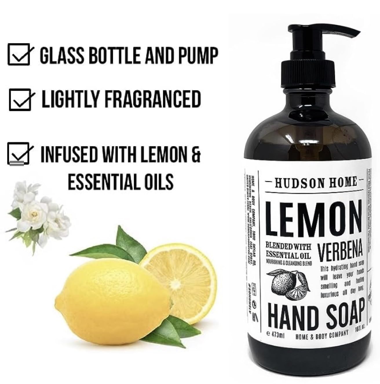 Home and Body Co Hand Soap16 FL/473ml Infused with Essential Oils, GLASS BOTTLE (Lemon Verbena)