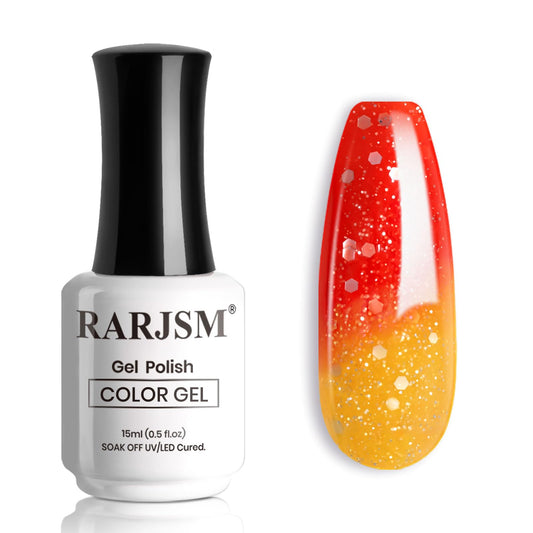 RARJSM Color Changing Gel Nail Polish 15ML Light Orange to Orange Red Mood Changing Gel Polish Soak off UV Silver Glitter Temperature Changing Colors Gel Polish for Nail Art DIY Salon at Home