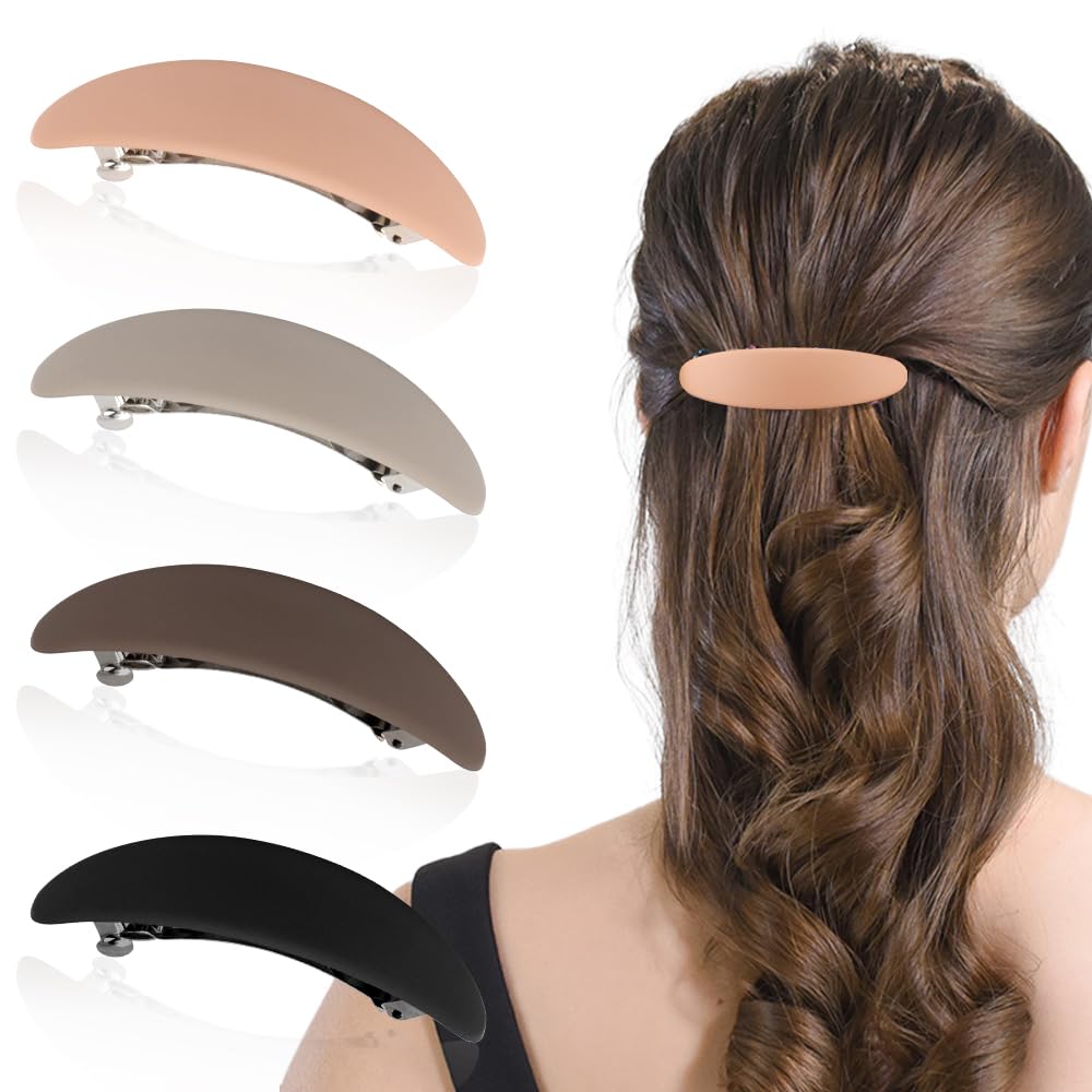 Ahoney 4Pcs Hair Barrettes: 3.3" Flat Banana Clips, Pins for Thin Hair, French Styling Accessories (Black/Khaki/Coffee/Brown)