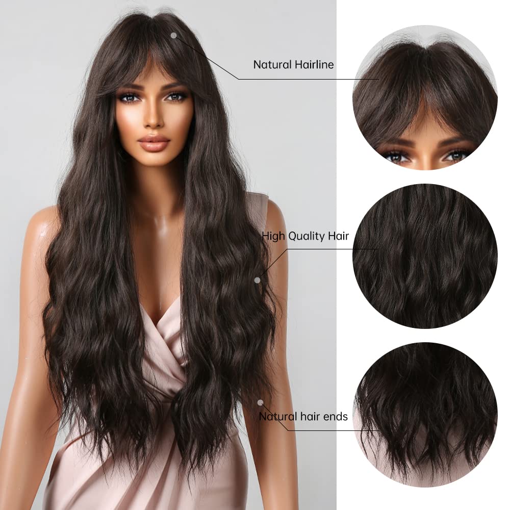 WTHCOS Long Black Brown Wig for Women Long Curly Wavy Dark Brown Wig With Bangs Silky Full Heat Resistant Synthetic Wig with Wig Cap (Black Brown)