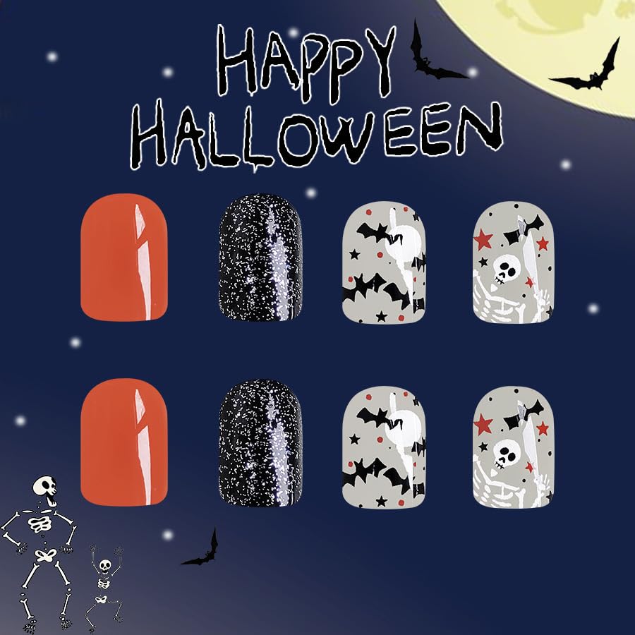 24Pcs Halloween Press on Nails Short Square Fake Nails with Black Glitter Design Halloween Glue on Nails Full Cover False Nails Halloween Nails for Women