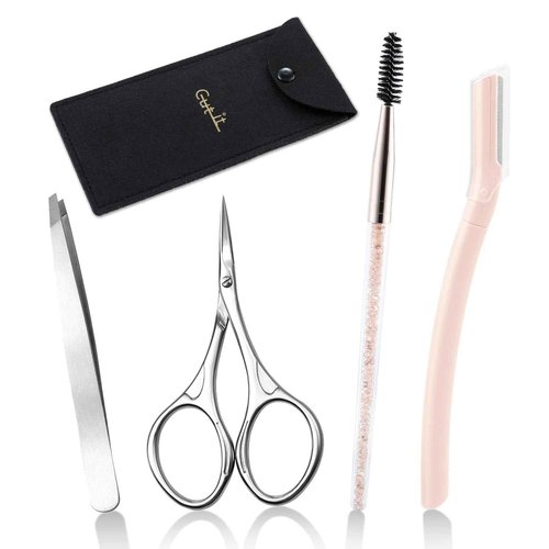 4-in-1 Eyebrow Grooming Set, Travel Brow Set, Japanese Blades Precision Eyebrow Razors W/Tweezer & Trimmer Scissor and Brow Brush, Professional Eyebrow Trimmers for Women, Travel Bag Included