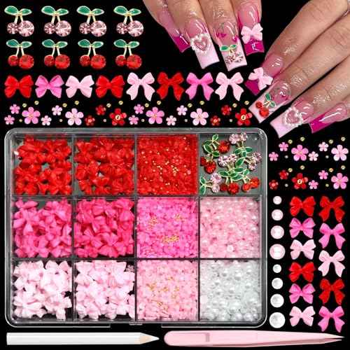 BELICEY 3D Nail Charms Red Pink Bow Cherry Flower Charms for Nails Mix Size Flatback Nail Pearls Gold Caviar Beads Nail Gems Rhinestones with Tweezer Picker Pen for Manicure DIY Nail Art Design Crafts