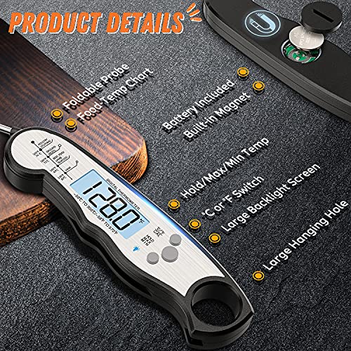 Digital Meat Thermometer, Waterproof Instant Read Food Thermometer for Cooking and Grilling, Kitchen Gadgets, Accessories with Backlight & Calibration for Candy, BBQ Grill, Liquids, Beef, Turkey…