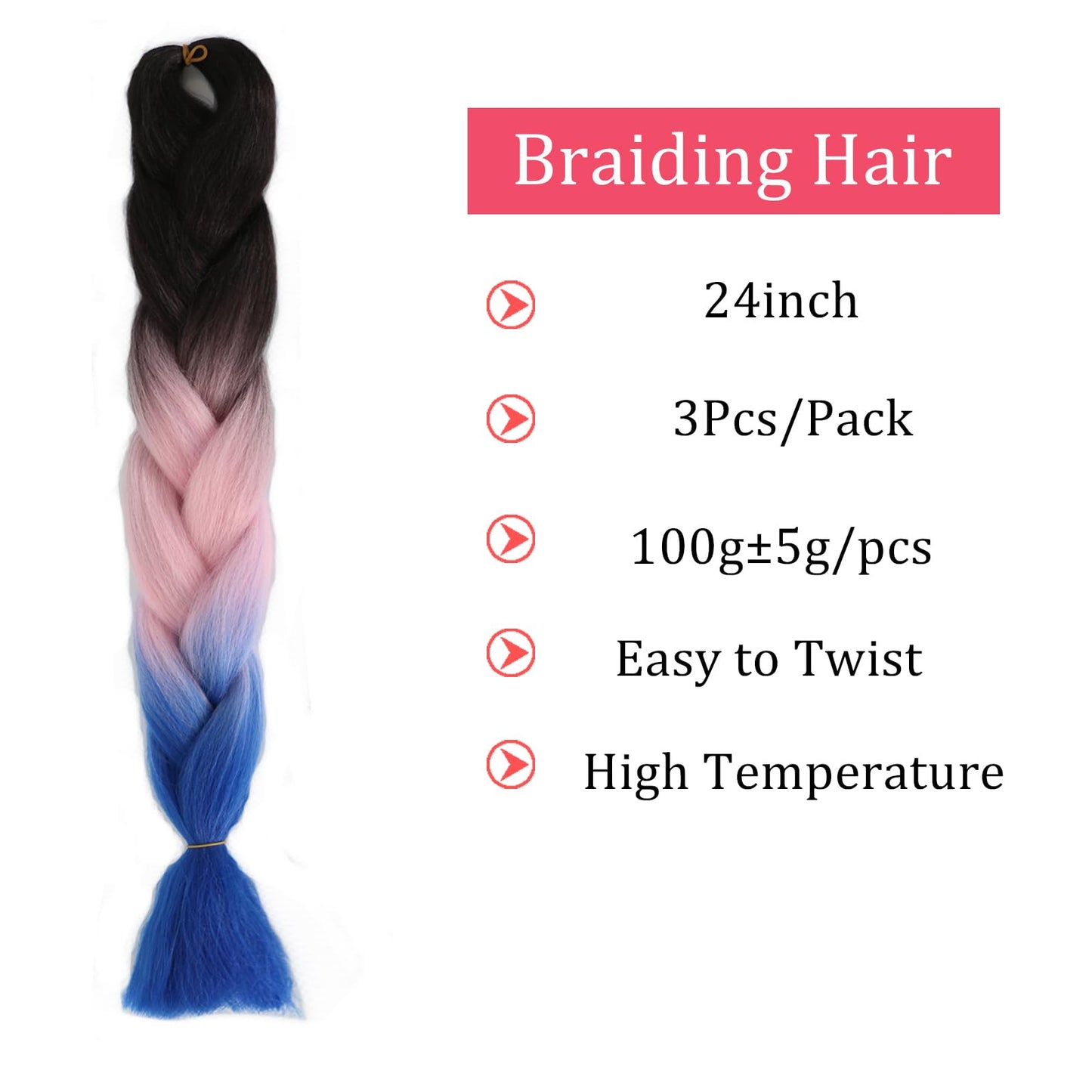 Ombre Braiding Hair Extensions 3 Pack/24 Inch Color Braiding Hair Fiber Crochet Hair for Box Braids Senegal Twist Hair Extensions for Women and Girls (24 Inch, Black+Pink+Blue)…