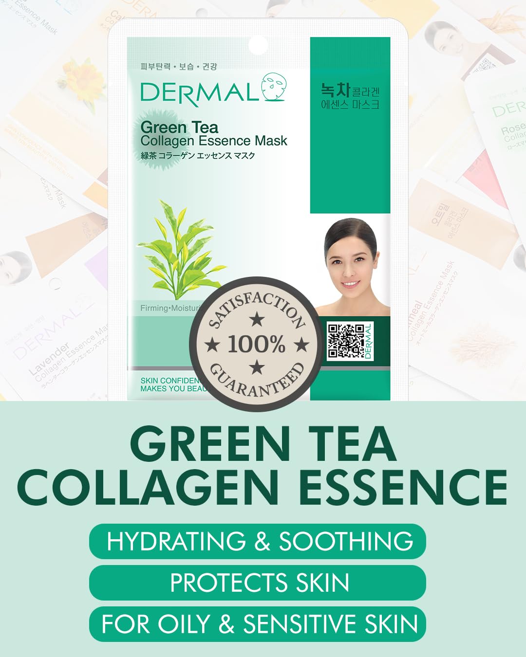 DERMAL Green Tea Collagen Essence Facial Mask Sheet 23g Pack of 100 - Hydrating and Soothing for Sensitive Oily Skin, Revitalize Dull Skin, Daily Skin Treatment Solution Sheet Mask