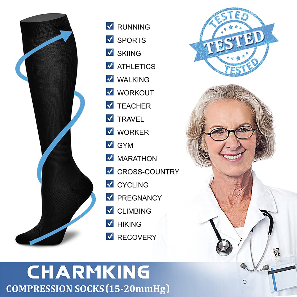 CHARMKING Compression Socks for Women & Men Circulation (3 Pairs) 15-20 mmHg is Best Athletic for Running, Flight Travel, Support, Cycling, Pregnant - Boost Performance, Durability (S/M, Multi 02)