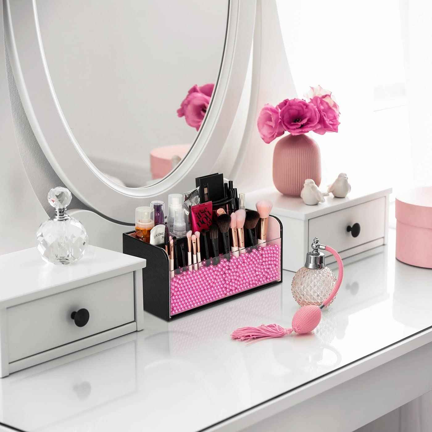 J JACKCUBE DESIGN JackCubeDesign Makeup Organizer with Pink Pearls, Black Cosmetic Storage Case Box with Brush Holder, Large Capacity with 3 Compartments (Black, 11.8 x 4.9 x 5.3 inches)-:MK284A