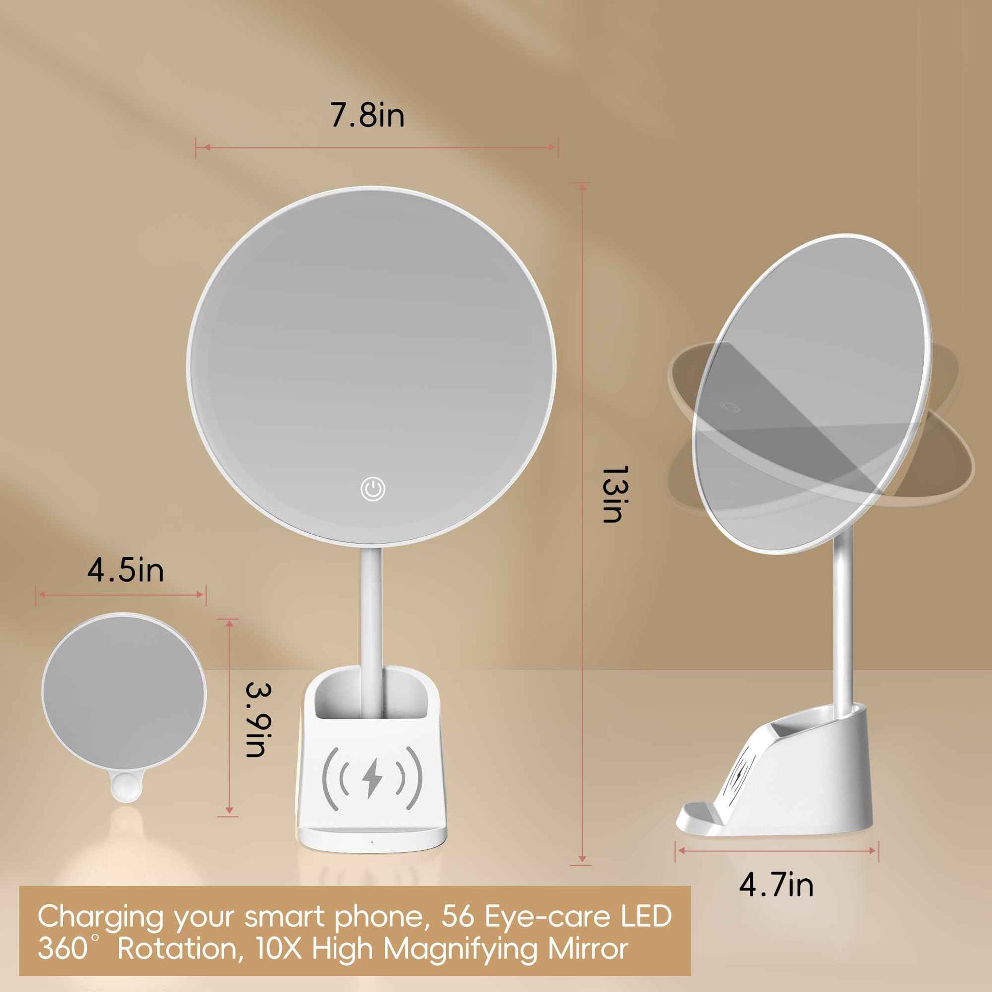 Yls Rechargeable Lighted Makeup Mirror with 1x/10x Detachable Magnification, Vanity Mirror with 3 Color Adjustable Lighting,Qi-Enabled Charging,and 360 °Rotating Design