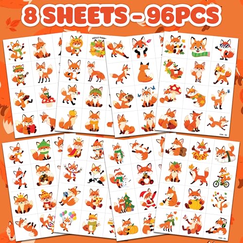 96 PCS Pre-Cut Fox Temporary Tattoos for Kids
