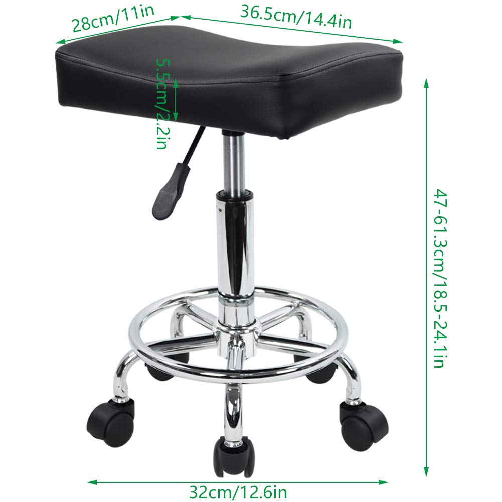 KKTONER Square Rolling Stool PU Leather Height Adjustable Swivel Massage SPA Salon Stools Task Chair with footrest (Black)