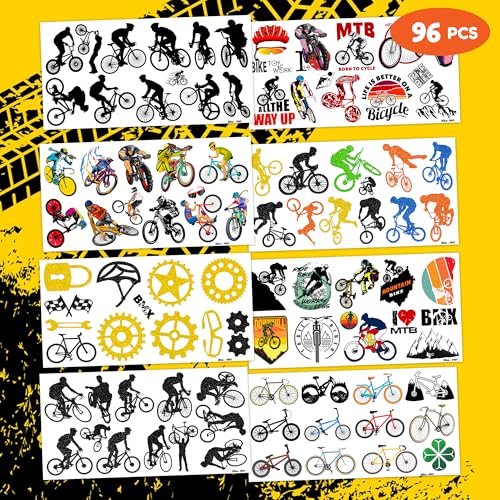 96PCS Cool Bike Bicycle Temporary Tattoos Birthday Party Decorations Favors Supplies Decor Extreme Mountain Dirt Biking BMX Sports Stickers Gifts For Kids Adults Boys Girls School Prizes Carnival