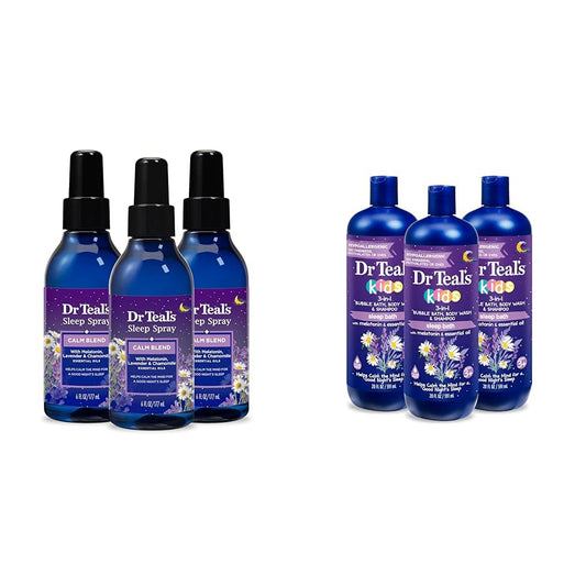 Dr Teal's Sleep Spray with Melatonin & Essential Oil Blend, 6 fl oz (Pack of 3) & Kids 3-in-1 Sleep Bath: Bubble Bath, Body Wash & Shampoo with Melatonin & Essential Oil, 20 fl oz (Pack of 3)