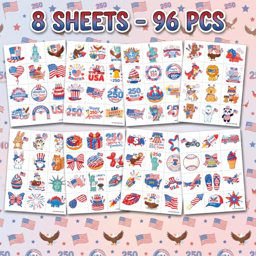 96 Patriotic Temporary Tattoos for Kids | Pre-Cut USA