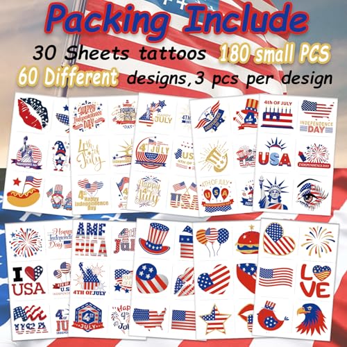 4th of July Temporary Tattoos for Kids - 180pc Patriotic Set