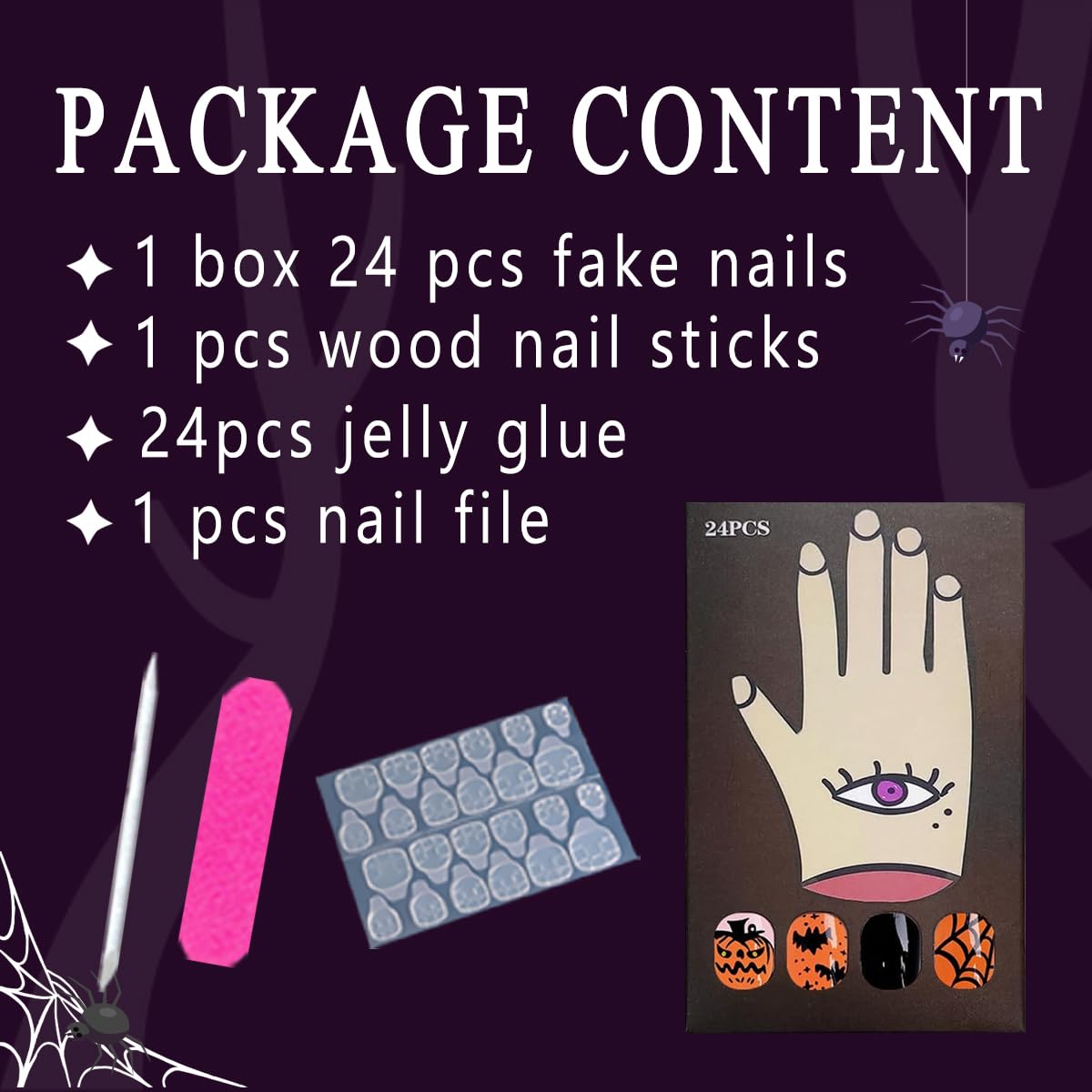 French Tip Press on Nails Medium Almond Halloween Fake Nails with Purple Glitter Design Glossy False Nails Spider Web Patterned Halloween Nails Acrylic Nails Full Cover Glue on Nails for Women 24Pcs