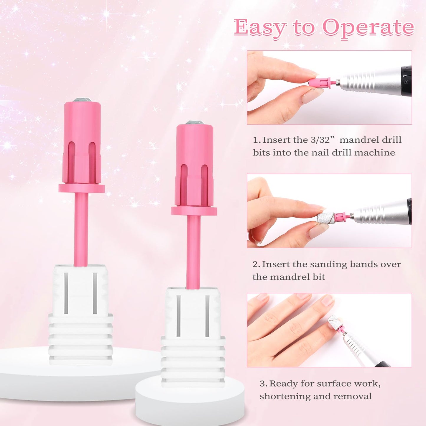 BQAN 2Pcs Nail Drill Mandrel Bit - Crystal Top Easy Off Nail Drill Bits for Sanding Bands, Suitable for Acrylic Nails, Gel Manicures and Pedicures (Pink)