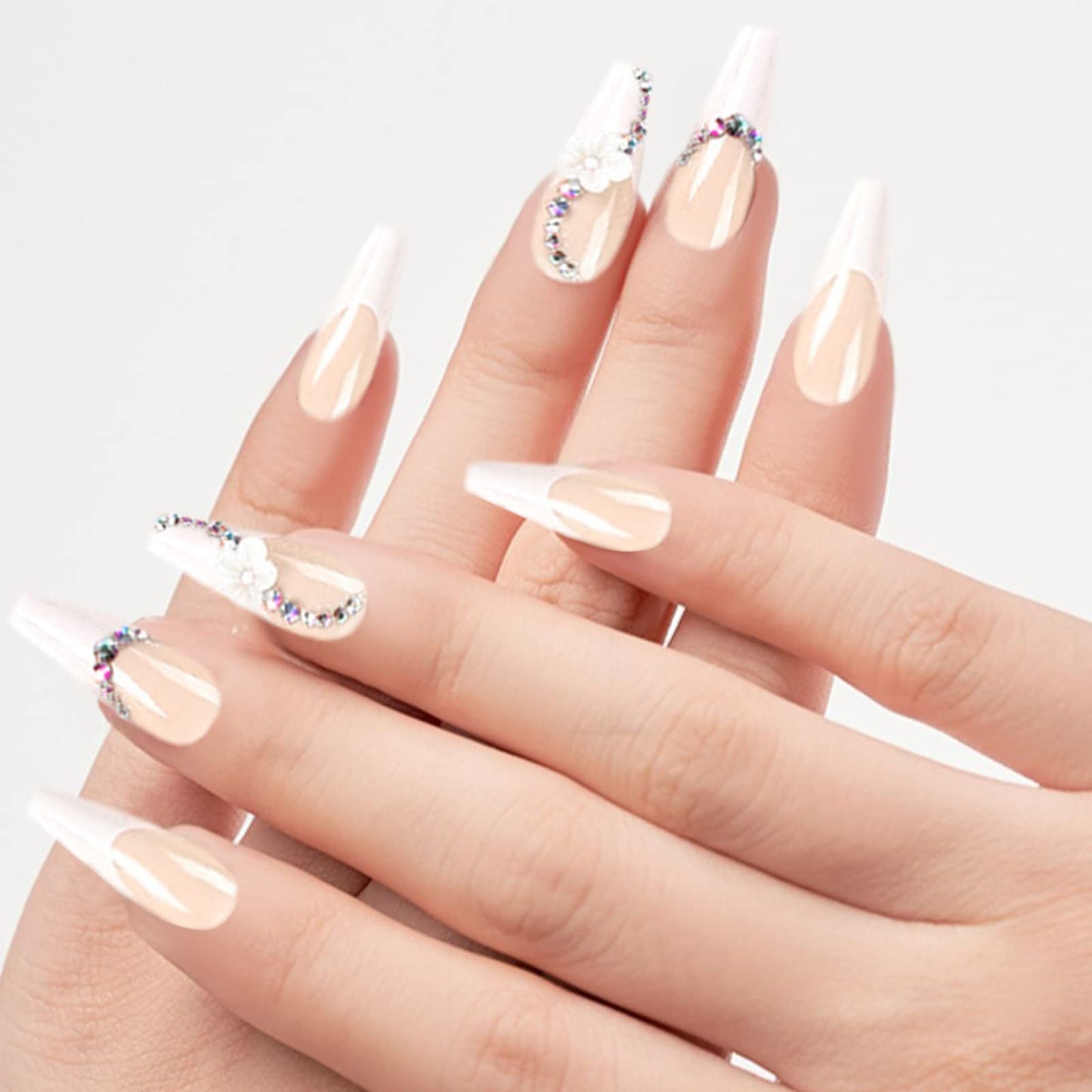 White French Tip Press on Nails Long Coffin Fake Nails with Cute Flowers Design Nude Full Cover Stick on Nails Luxury Rhinestones Glossy False Nails with Glue for Women Acrylic Nails