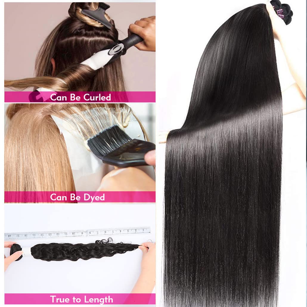 Younsolo Straight Bundles Human Hair 4 Bundles 20 22 24 26 Inches Straight Hair Bundles Brazilian Virgin Hair Natural Black Color Bundles