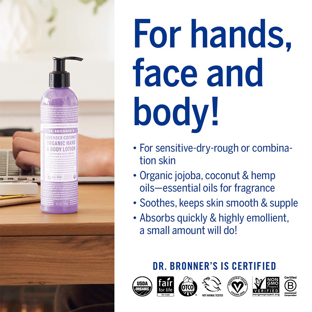 Dr. Bronner's - Organic Lotion (Lavender Coconut, 8 Ounce) - Body Lotion and Moisturizer, Certified Organic, Soothing for Hands, Face and Body, Highly Emollient, Nourishes and Hydrates, Vegan, Non-GMO