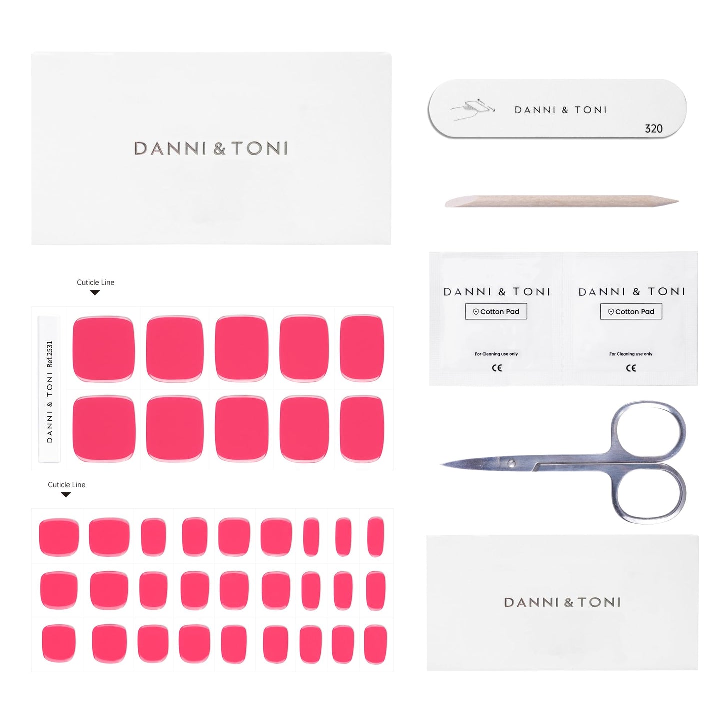 DANNI & TONI Semi Cured Gel Toenail Strips Bright Pink (Rosy Luster) Summer Gel Toenail Stickers Glazed Gel Pedi Wraps 37 Stickers