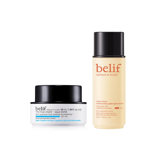 belif The True Cream Aqua Bomb & Super Drops Glow Serum Bundle, Lightweight Hydrating Daily Moisturizer, 2-in-1 Hydrating & Brightening Niacinamide Vitamin C Serum Makeup Primer, Korean Skin Care