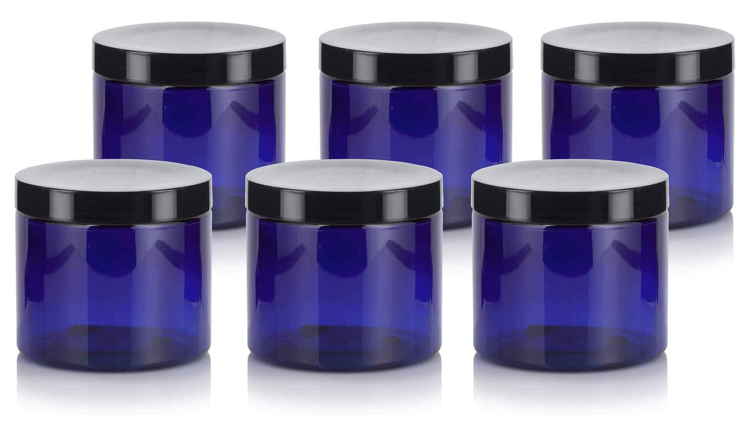 JUVITUS 16 oz Cobalt Blue PET Plastic Refillable Jar with Black Smooth Lid (6 pack)
