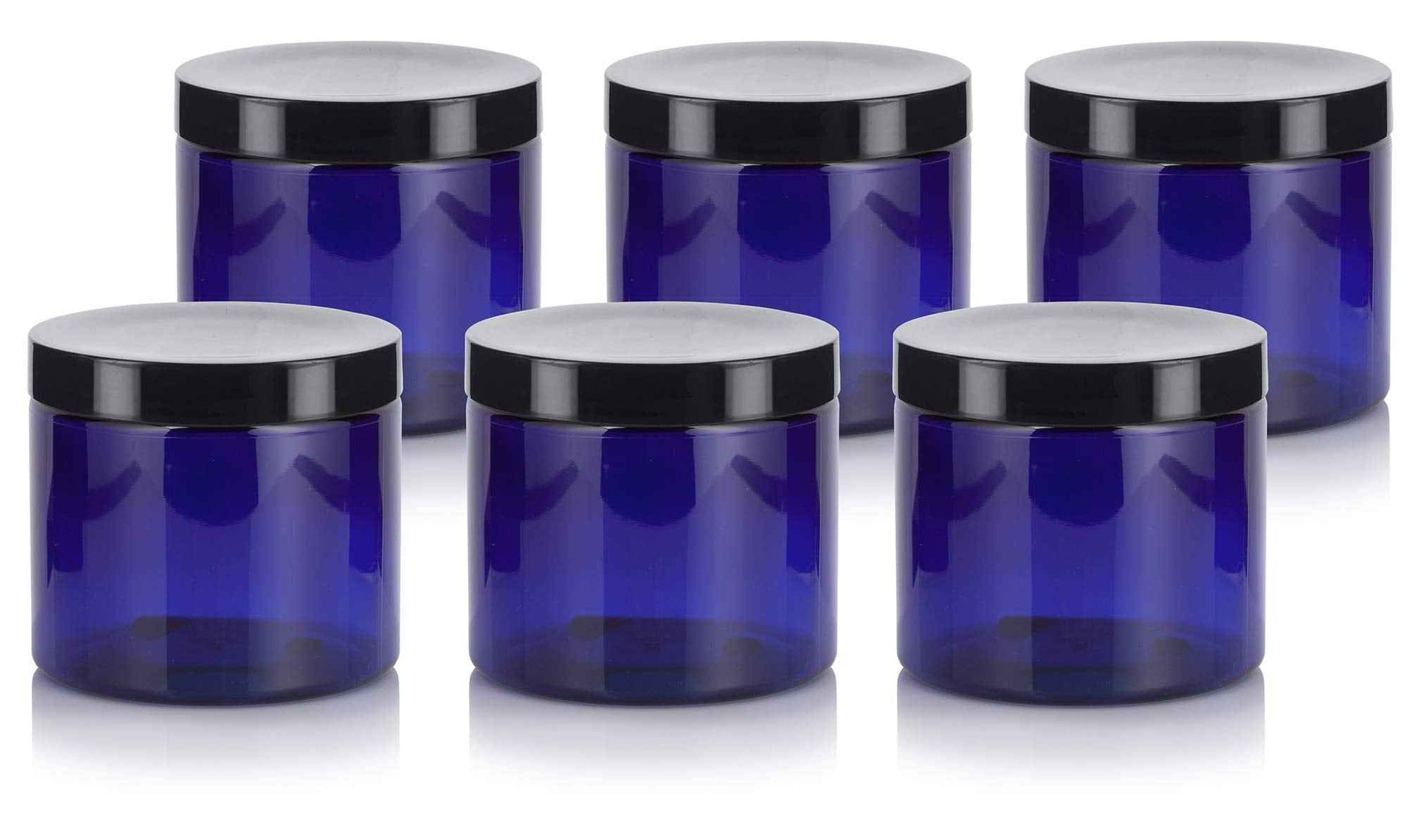 JUVITUS 16 oz Cobalt Blue PET Plastic Refillable Jar with Black Smooth Lid (6 pack)