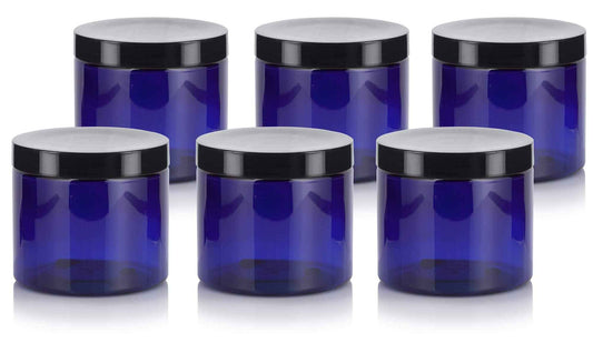 JUVITUS 16 oz Cobalt Blue PET Plastic Refillable Jar with Black Smooth Lid (6 pack)