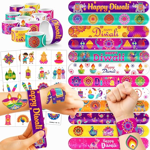 72PCS Diwali Party Set - 48PCS Temporary Tattoos & 24PCS Slap Bracelets - Festival Happy Indian -Themed Birthday Supplies, Baby Shower Gifts, Classroom Rewards & Party Decor for Kids