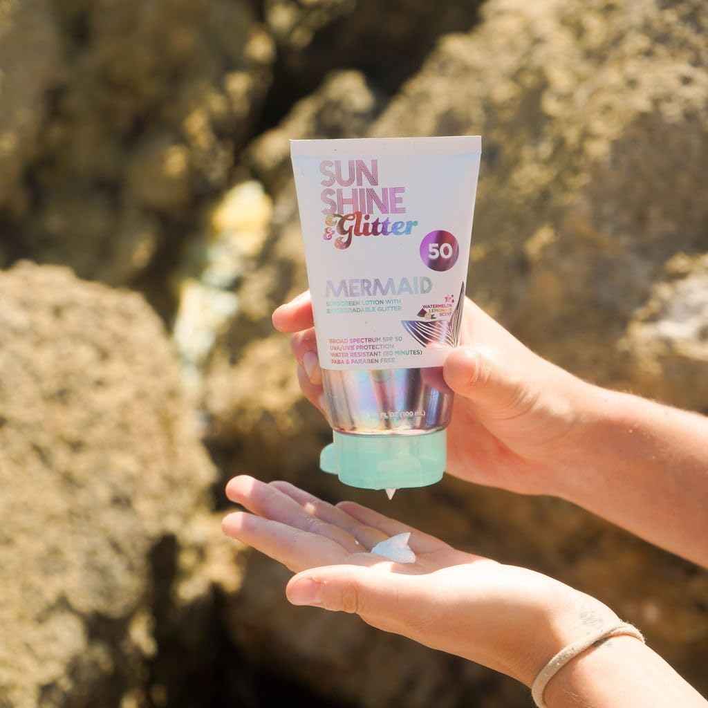 NEW! SUNSHINE & Glitter- Seastar Sparkle - Mermaid Watermelon Lemonade Scented Sunscreen lotion - SPF 50 - Biodegradable Glitter Sunscreen, Water Resistant, Cruelty Free, Kid Safe, Made in USA, 3.4oz