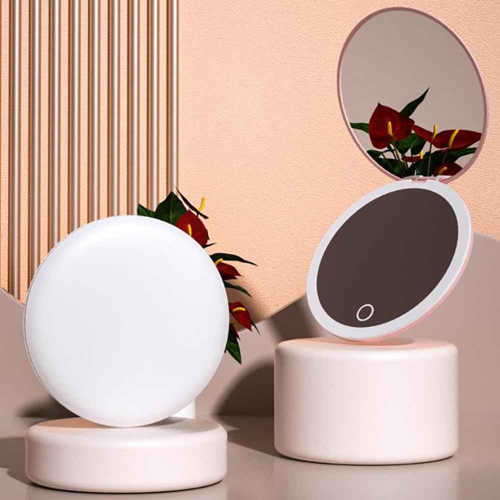 Yousonew LED Mini Makeup Mirror, 1X/2X Magnification, Mini Compact with Light, Pink/White (White, 3.5)