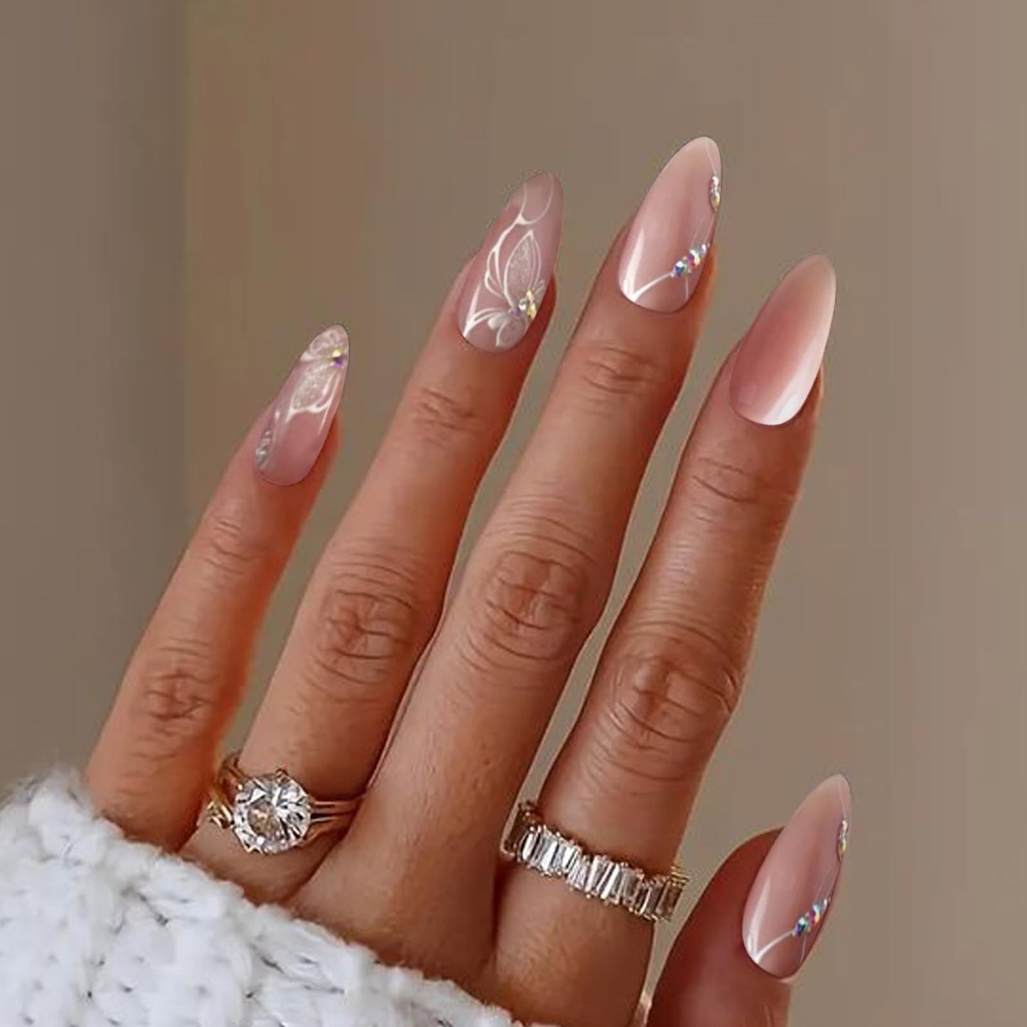 YOSOMK Nude Almond Fake Nails Medium Press on Nails with Flower Designs Glossy False Nails Glitter Rhinestones Stick on Artificial Nails for Women