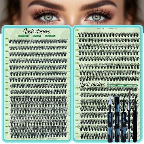 Wispy Lash Clusters Kit 640pcs Eyelash Cluster Extensions 30D+40D Curl Individual False Eyelashes Natural Fluffy Mink Lash Clusters Extension Kit (9-16mm with Lash Bond&Seal,Brush,Tweezers)