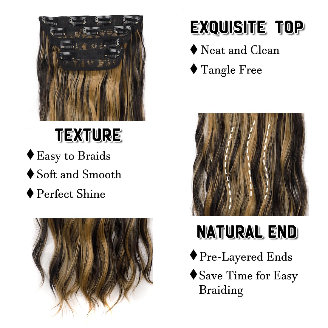 Fronweek Clip in Hair Extensions, 4PCS Natural Black Long Wavy Hair Extensions Full Head 20Inch Thick Hairpieces for Women Fiber Double Weft Hair Exte(20INCH, Chocolate Brown to Caramel Blonde 2H27B#)