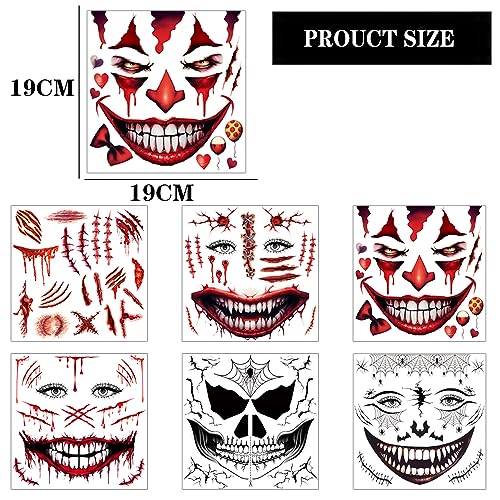 Halloween Temporary Tattoos - 6 Sheets Scary Face & Zombie Scars