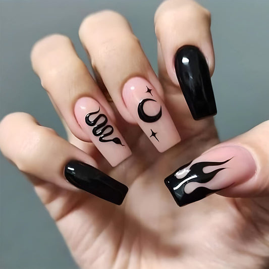 FOAMEE Medium Press on Nails Coffin Gothic Fake Nails with Designs Acrylic Glossy Black False Nails for Women