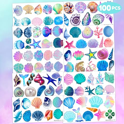100 PCS Sea Shell Mermaid Birthday Party Decorations Favors Supplies Beach Ocean Seashells Decor Temporary Tattoos Stickers for Girls Boys Cute Gifts School Prizes Rewards
