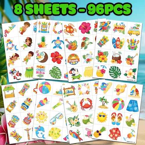 96 PCS Hawaiian Luau Pre-Cut Temporary Tattoos for Kids | Super Cute Themed Birthday Party Favors, Supplies, Decorations, Summer Fake Tattoo Stickers (Multiple)