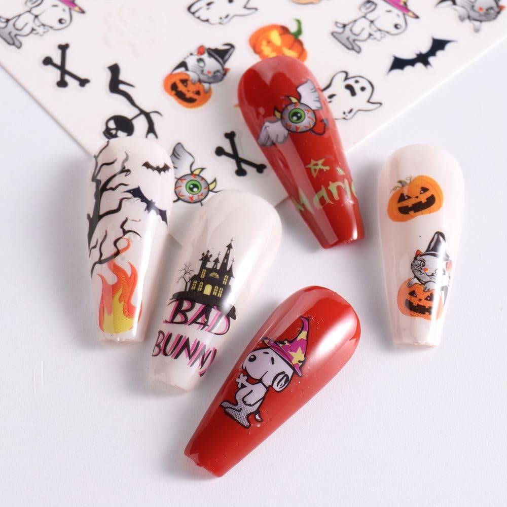 6 Sheets Ghost Halloween Nail Art Stickers Decals Skull Pumpkin Bat Nail Decals 3D Self-Adhesive Red Blood Drop Scar Design Nail Art Stickers Halloween Party Nail Supplies for Women Girls Manicure