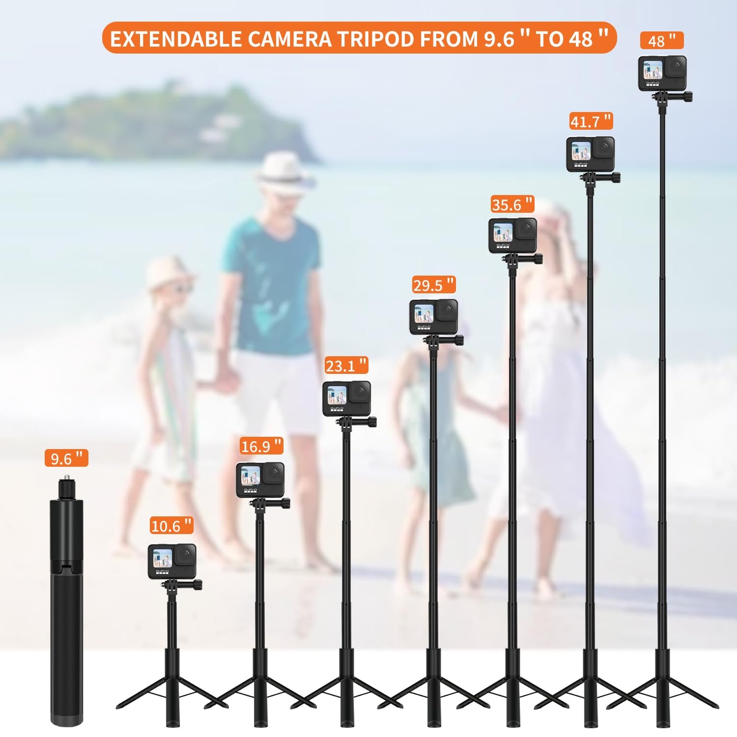 KONPCOIU 48" Invisible Extendable Camera Selfie Stick for Insta360, one x2 x2 x3 RS GO3 Gopro Max Hero 12 11 10 9 8 7 6 5 and Other Action Cameras with 1/4" Screw Mini Portable Camera Tripod