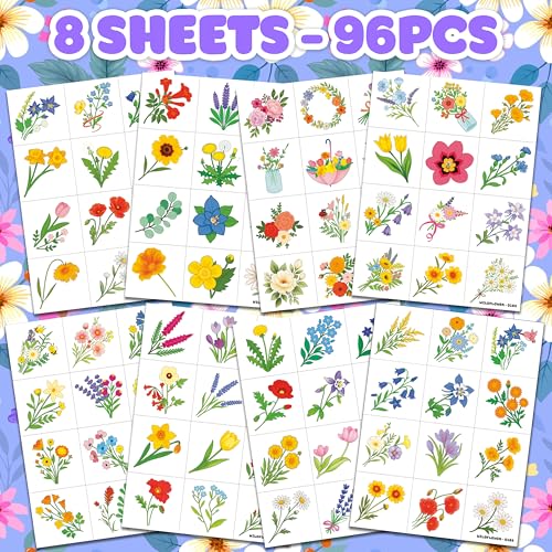96 PCS Wildflower Temporary Tattoos for Kids - Party Favors