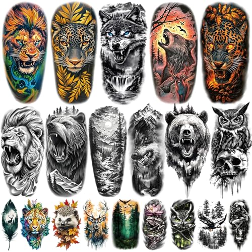 77 Sheets Temporary Tattoos, 17 Sheets Half Arm Wolf Lion Tiger Bear Leopard Eagle Fake Tattoos for Adults Shoulder Neck, 60 Sheets Tiny Animal Temporary Tattoos Realistic for Men Women Boys & Girls