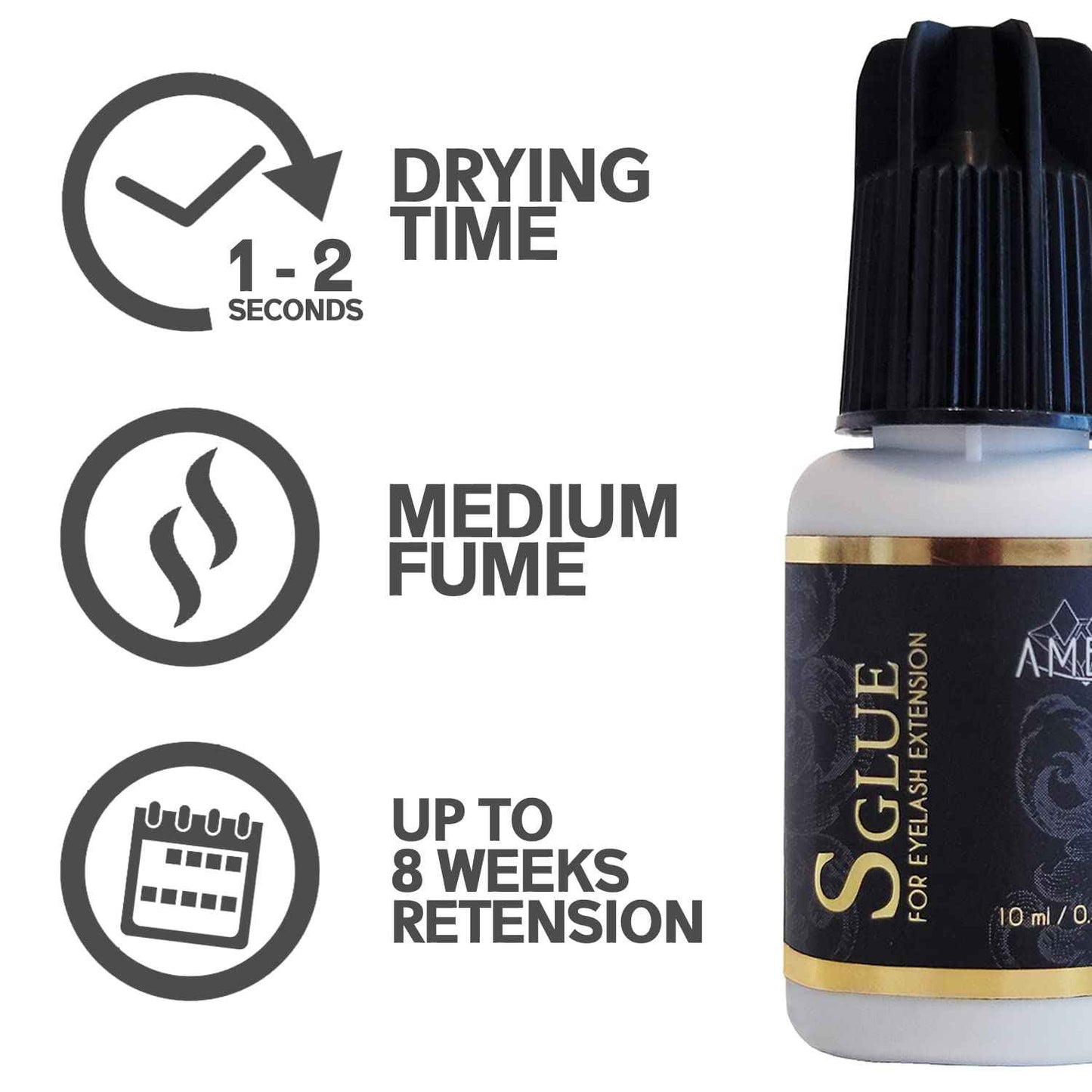 Amber Lash, S Glue 10ml for Professional Eyelash Extension, 1-Second Dry time, Up to 8 Weeks Bonding, Strong Strength, Carbon Black Adhesive for Salon Use, Latex Free and Formaldehyde Free