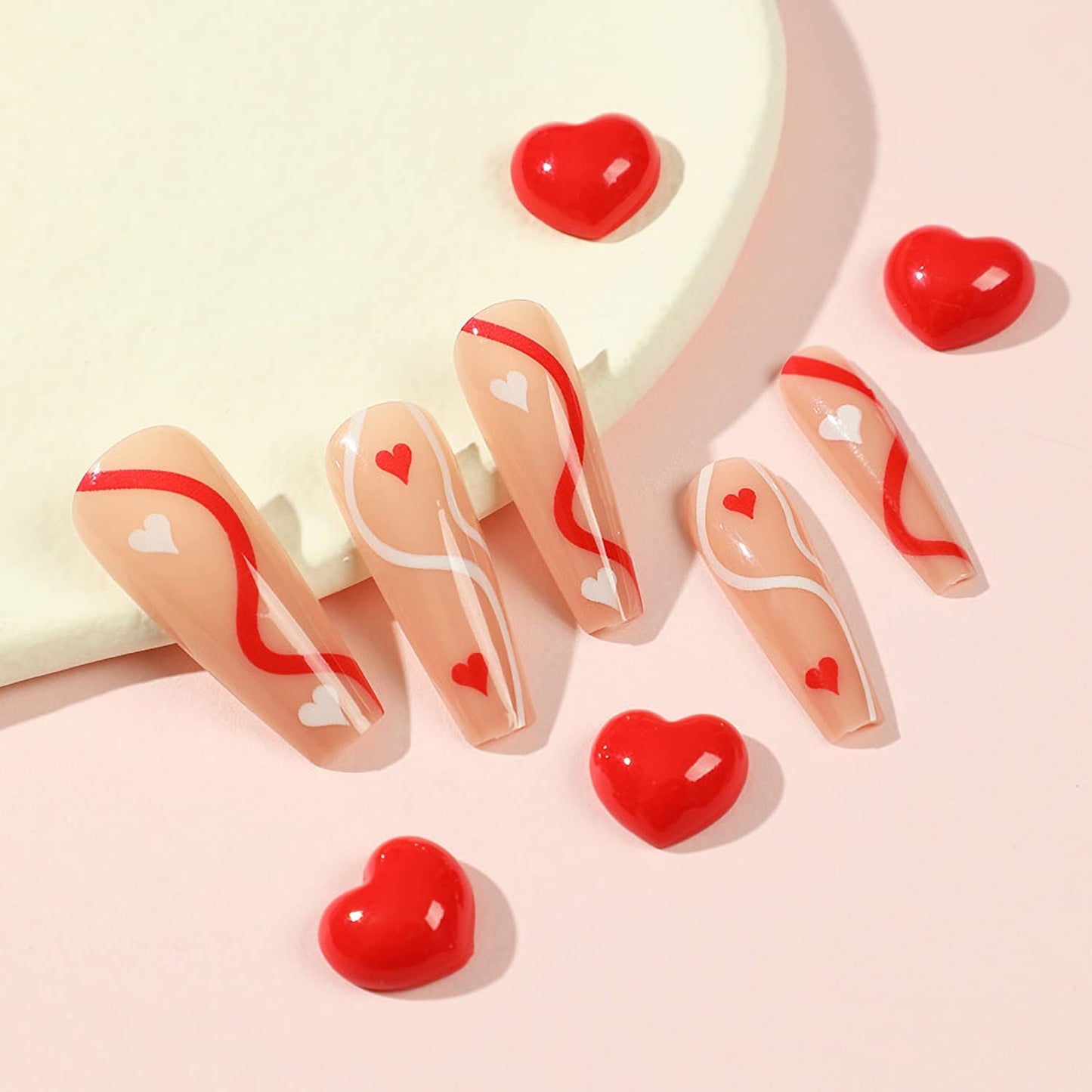 Valentine?™s Day Press on Nails Long Fake Nails with Black White Heart and Stripe Designs Full Cover Glue on Nails for Women Glossy Acrylic Coffin Nails for Valentines Decorations, 24Pcs