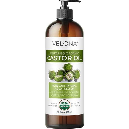 velona USDA Certified Organic Castor Oil - 16 fl oz (With Pump) | For Hair Growth, Boost Eyelashes, Eyebrows | Cold pressed, Natural Oil, USP Grade | Hexane Free, Lash Serum, Caster